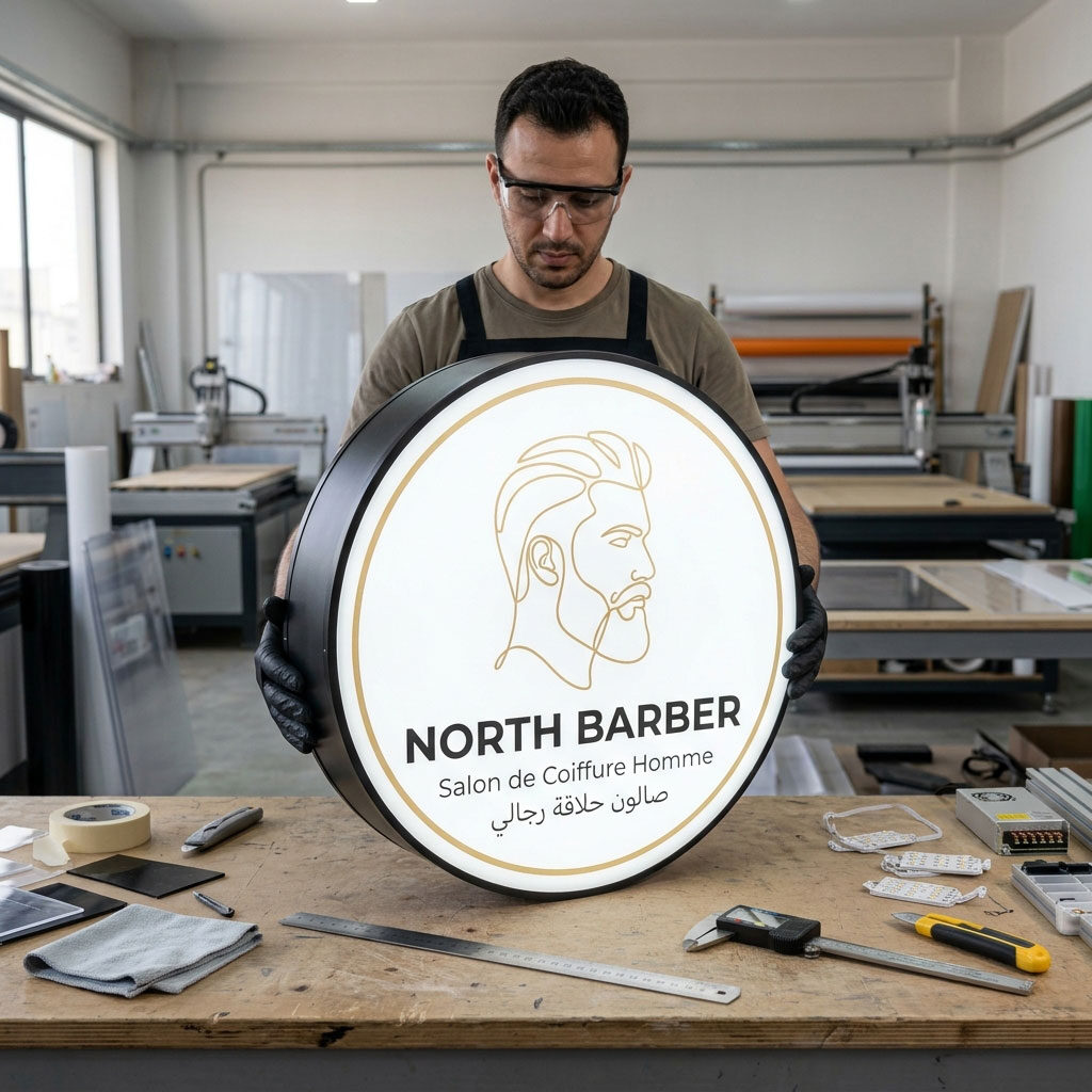 Caisson lumineux rond LED North Barber — Brand Up Algérie