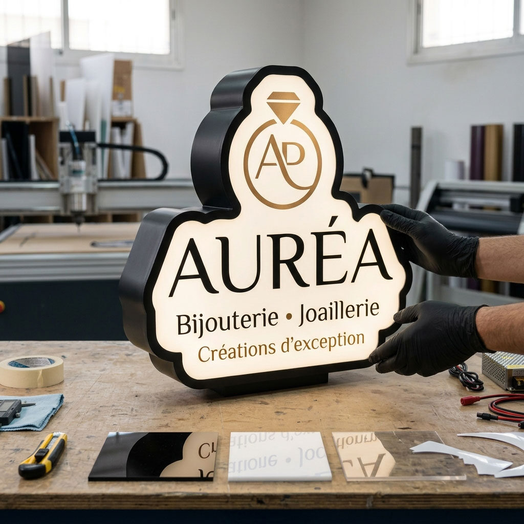 Caisson lumineux forme sur-mesure Auréa Bijouterie — Brand Up Algérie