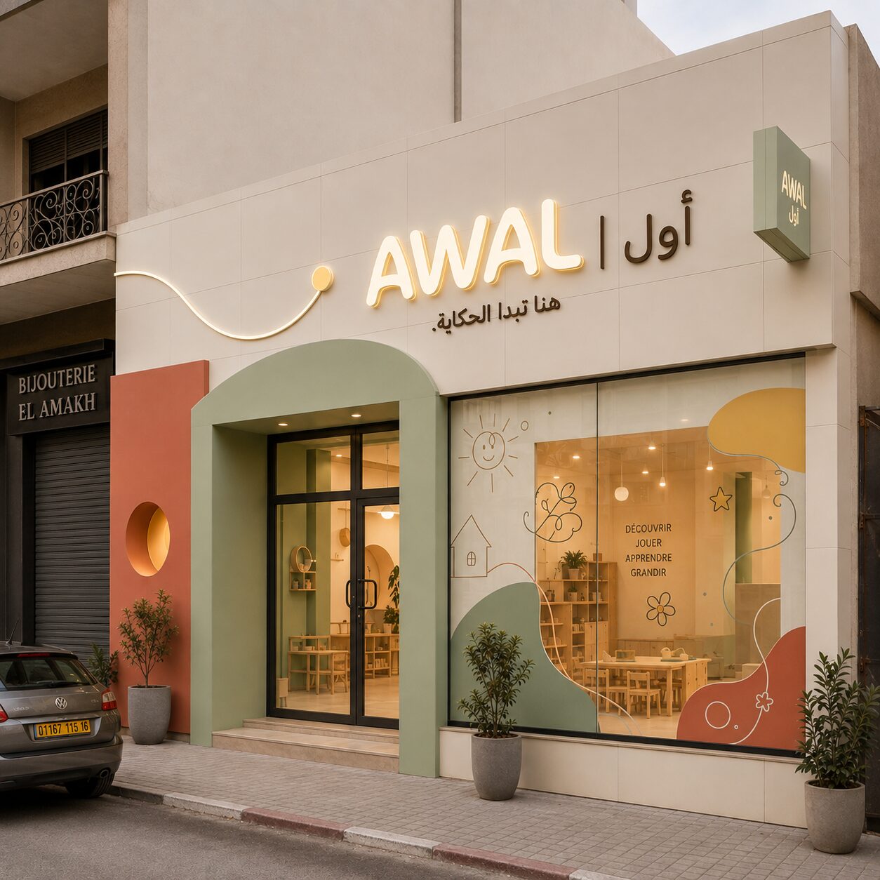 Façade de crèche Awal habillée par Brand Up : enduit beige chaleureux, arche verte et enseigne lumineuse intégrée