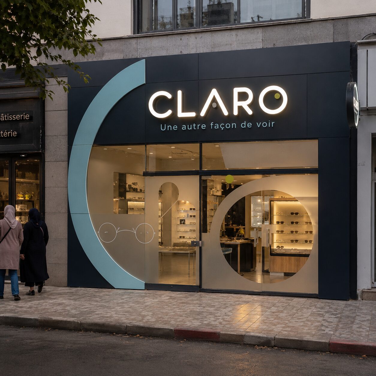 Cassettes composite aluminium anthracite et bleu, découpe circulaire signature pour l'opticien Claro
