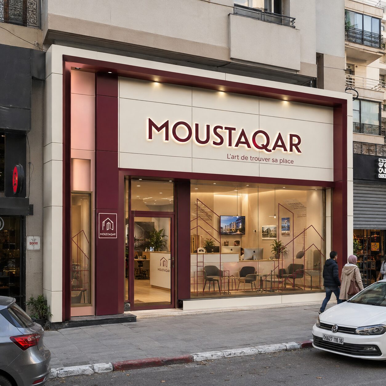 Façade enduite premium couleur crème et bordeaux pour l'agence immobilière Moustaqar