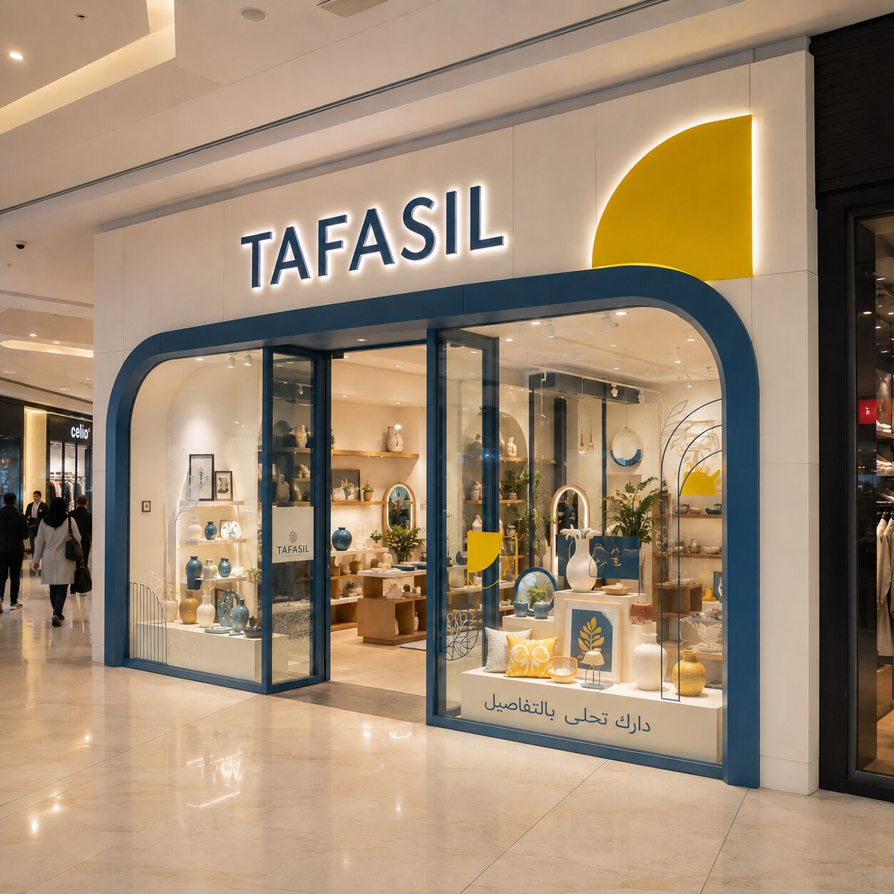 Arche Aquapanel bleu marine et enduit crème pour la boutique déco Tafasil, formes libres impossibles en composite