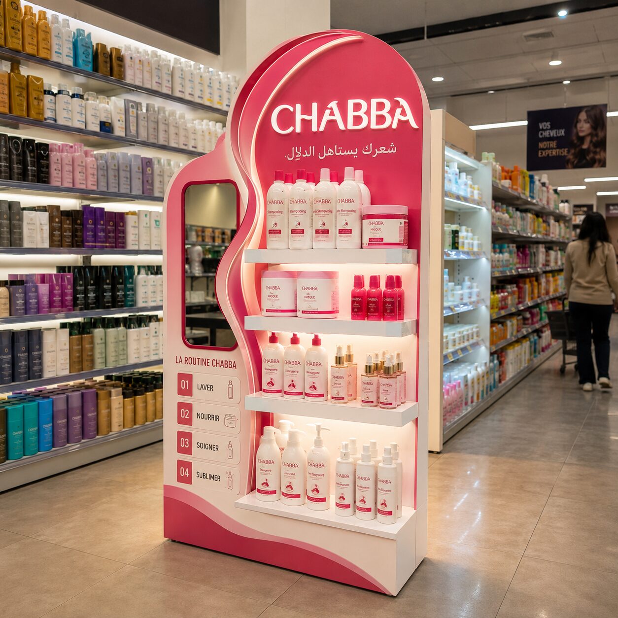 Meuble PLV gondole Chabba en linéaire cosmétique — Brand Up Algérie