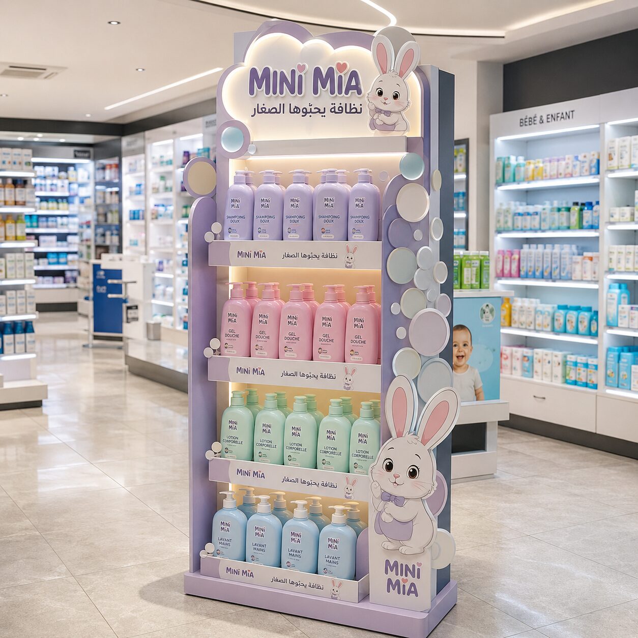Présentoir PLV hygiène bébé Mini Mia — Brand Up Algérie