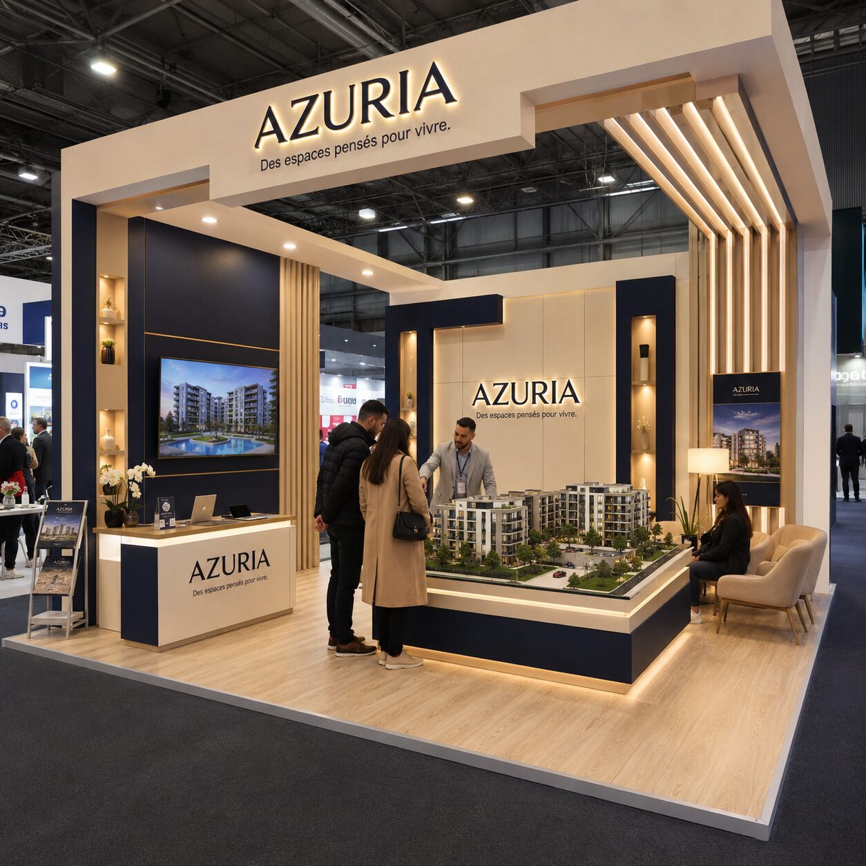 Stand d'exposition sur-mesure Azuria, espace immobilier haut de gamme avec maquette architecturale et éclairage bois — Brand Up Algérie