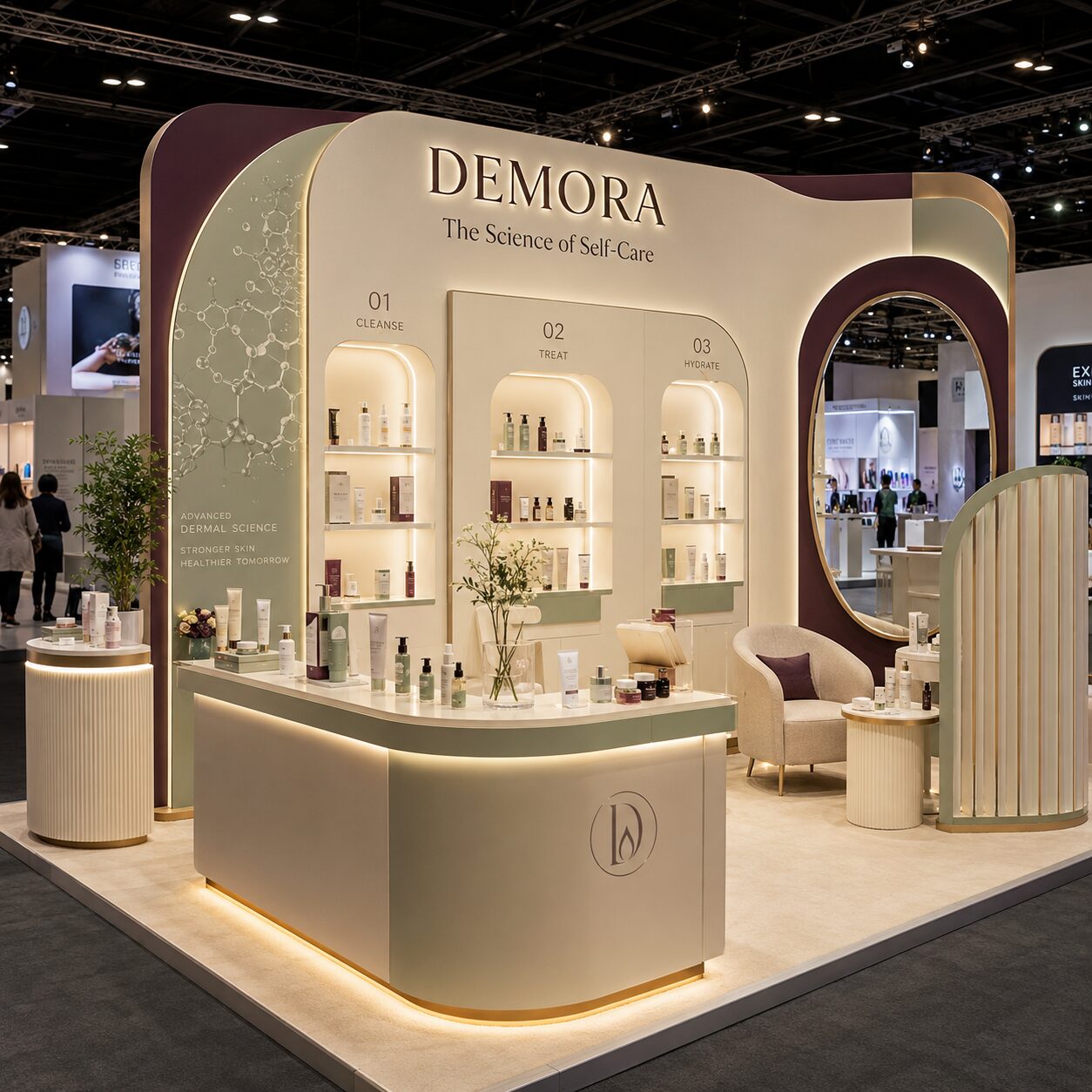 Stand d'exposition Demora, parcours produit en trois étapes pour marque de cosmétique — Brand Up Algérie