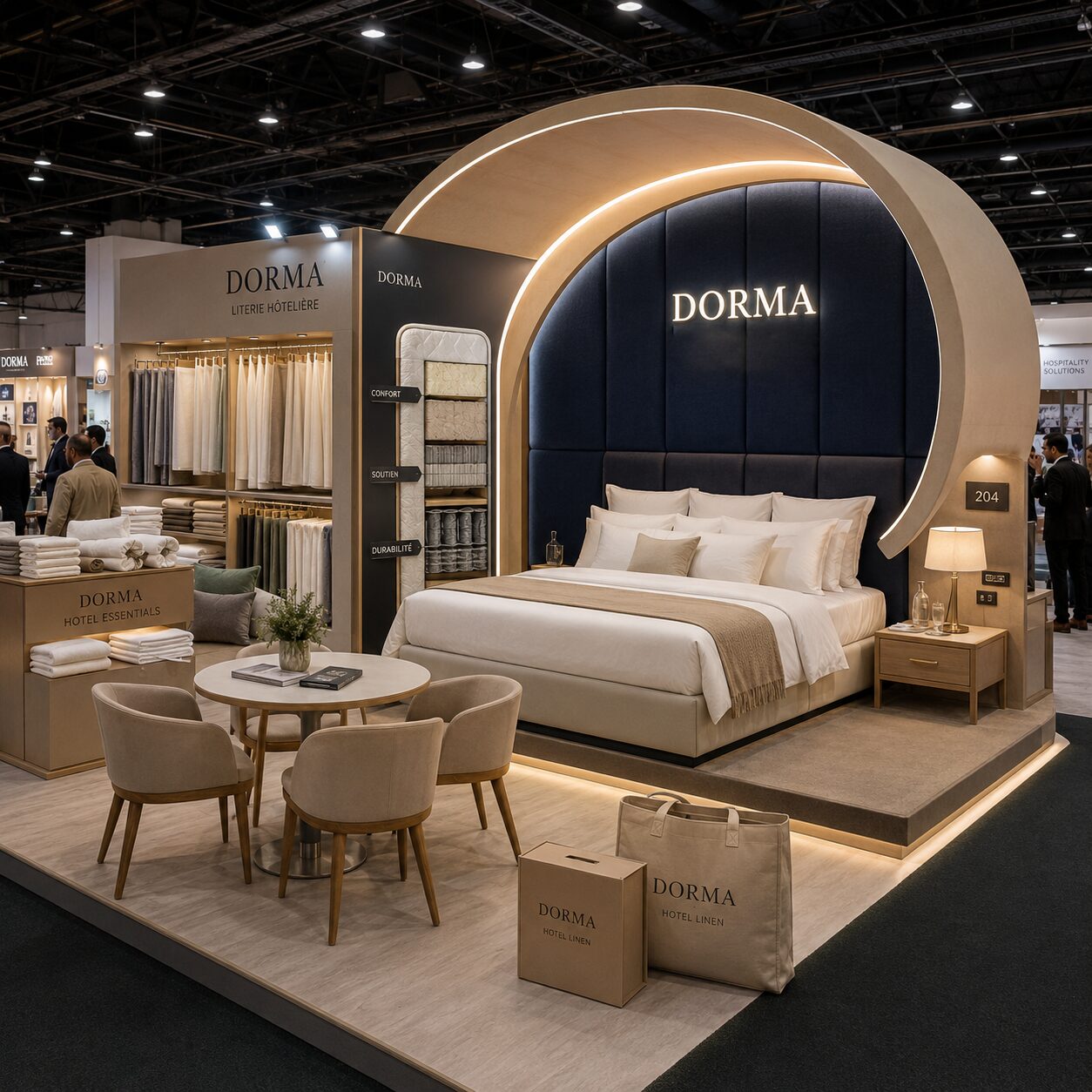 Stand d'exposition Dorma avec mise en scène complète d'une chambre d'hôtel — Brand Up Algérie