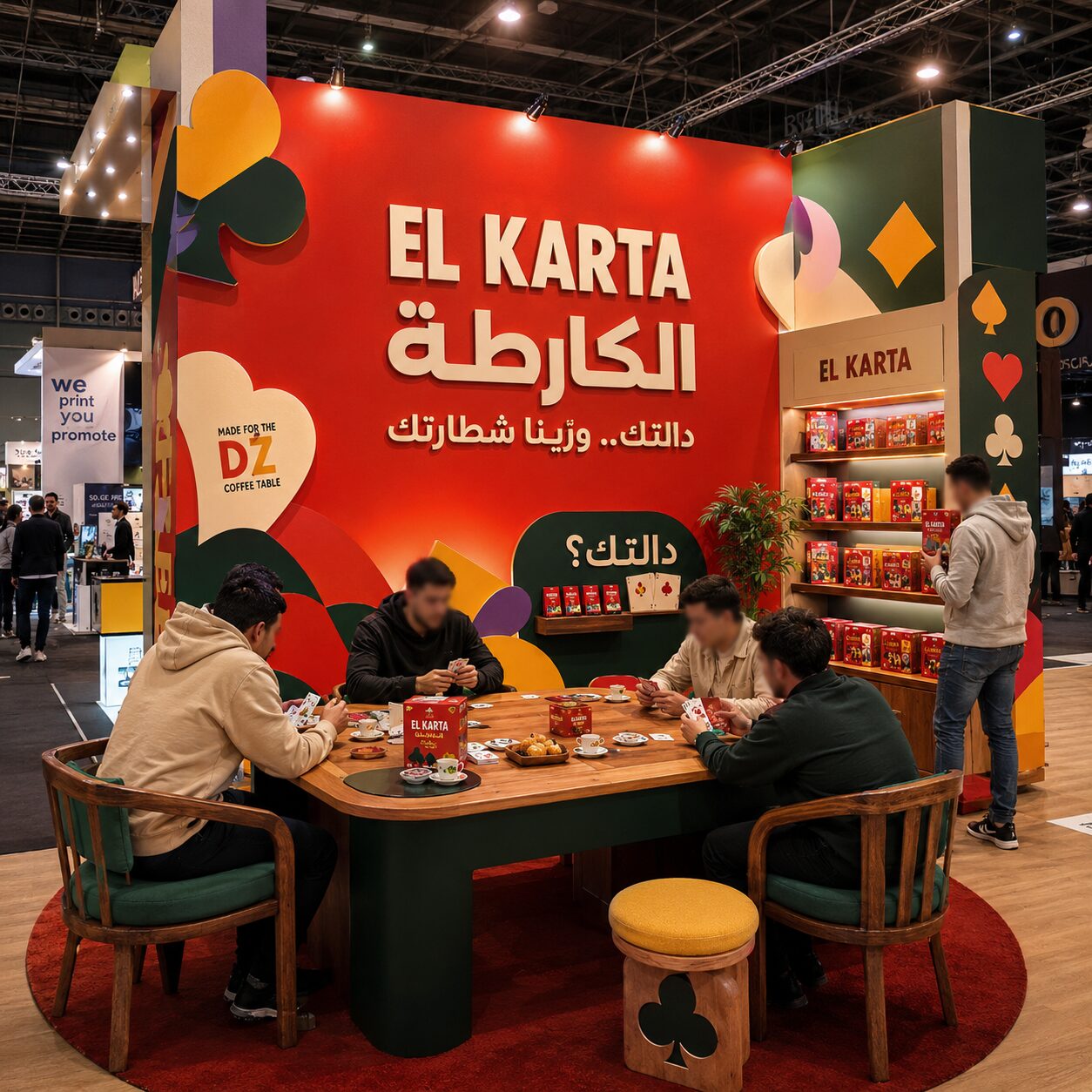 Stand d'exposition El Karta, espace convivial rouge et vert autour d'une grande table de jeu — Brand Up Algérie
