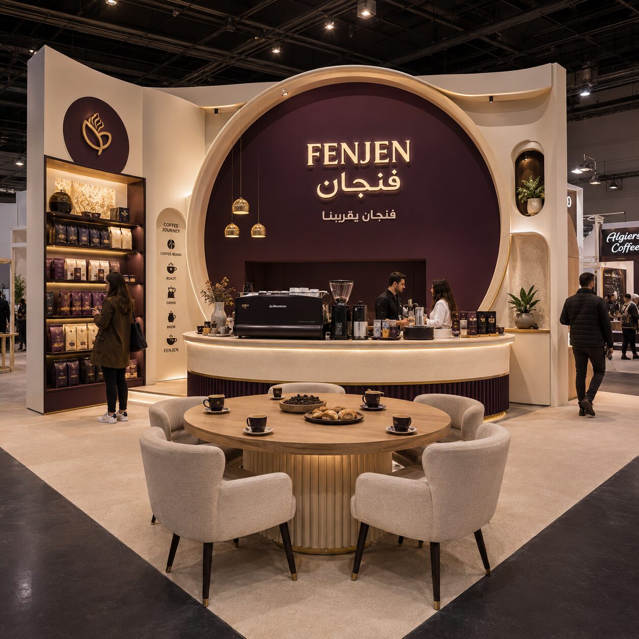 Stand d'exposition Fenjen avec bar à café circulaire bordeaux et éclairage doré suspendu — Brand Up Algérie