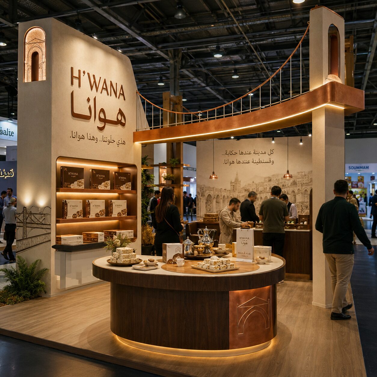 Stand d'exposition H'wana inspiré des ponts suspendus de Constantine, structure bois et cuivre — Brand Up Algérie