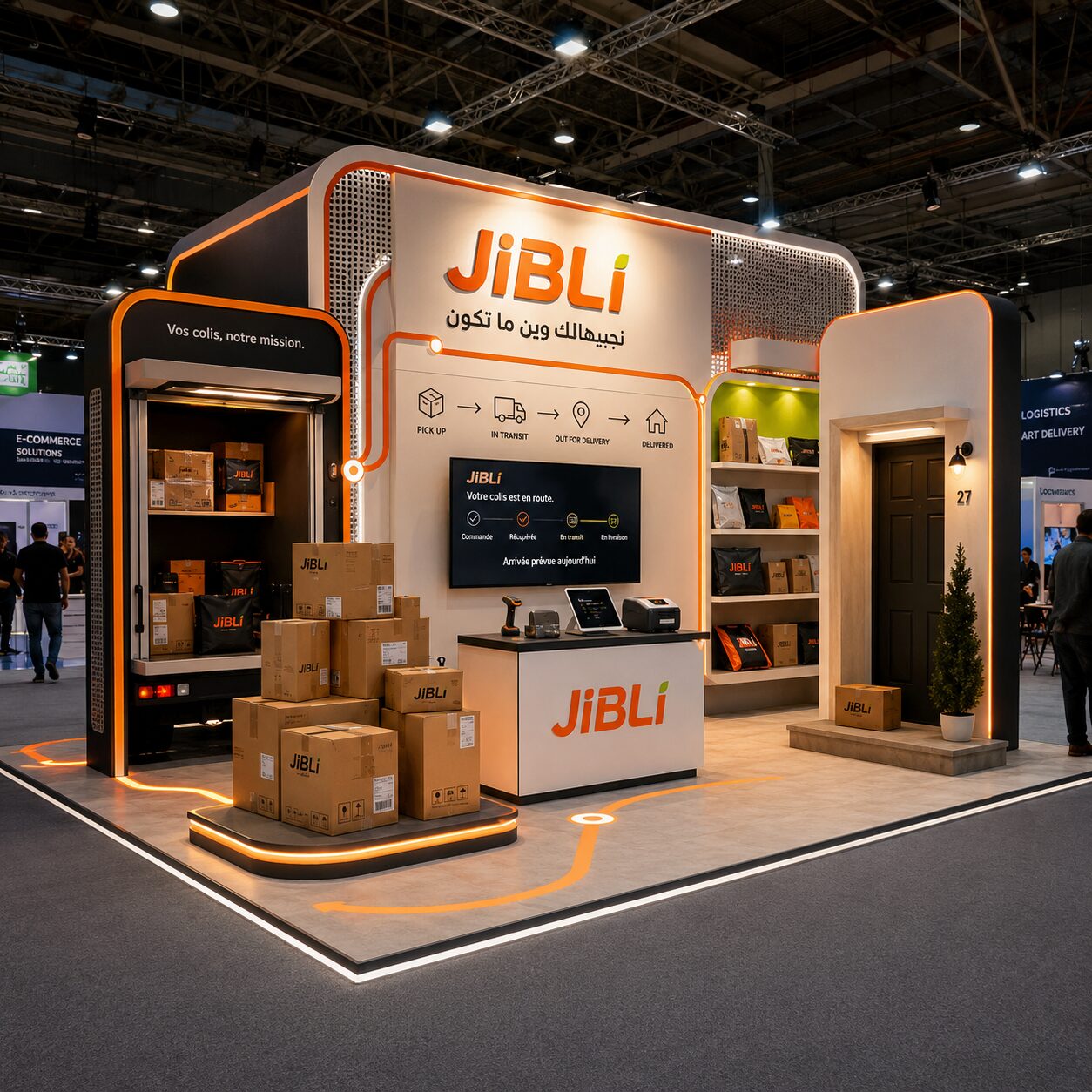 Stand d'exposition JiBLi, mise en scène logistique avec zone de colis et point de livraison — Brand Up Algérie