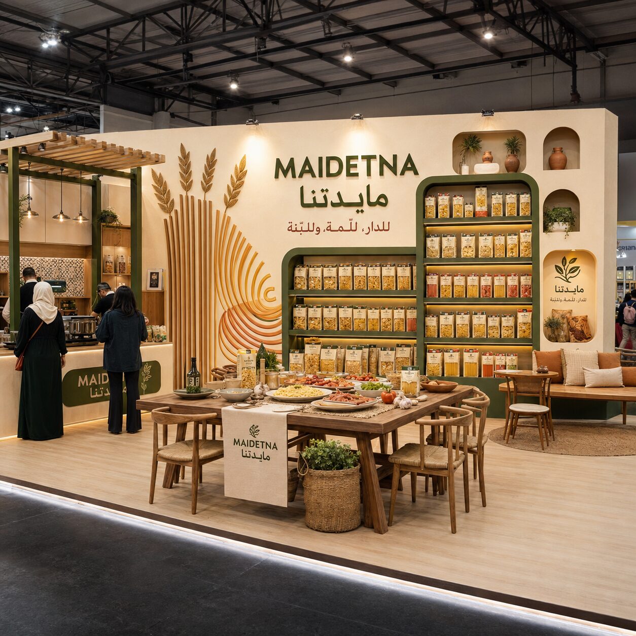 Stand modulaire Maidetna avec espace dégustation en bois pour marque agroalimentaire
