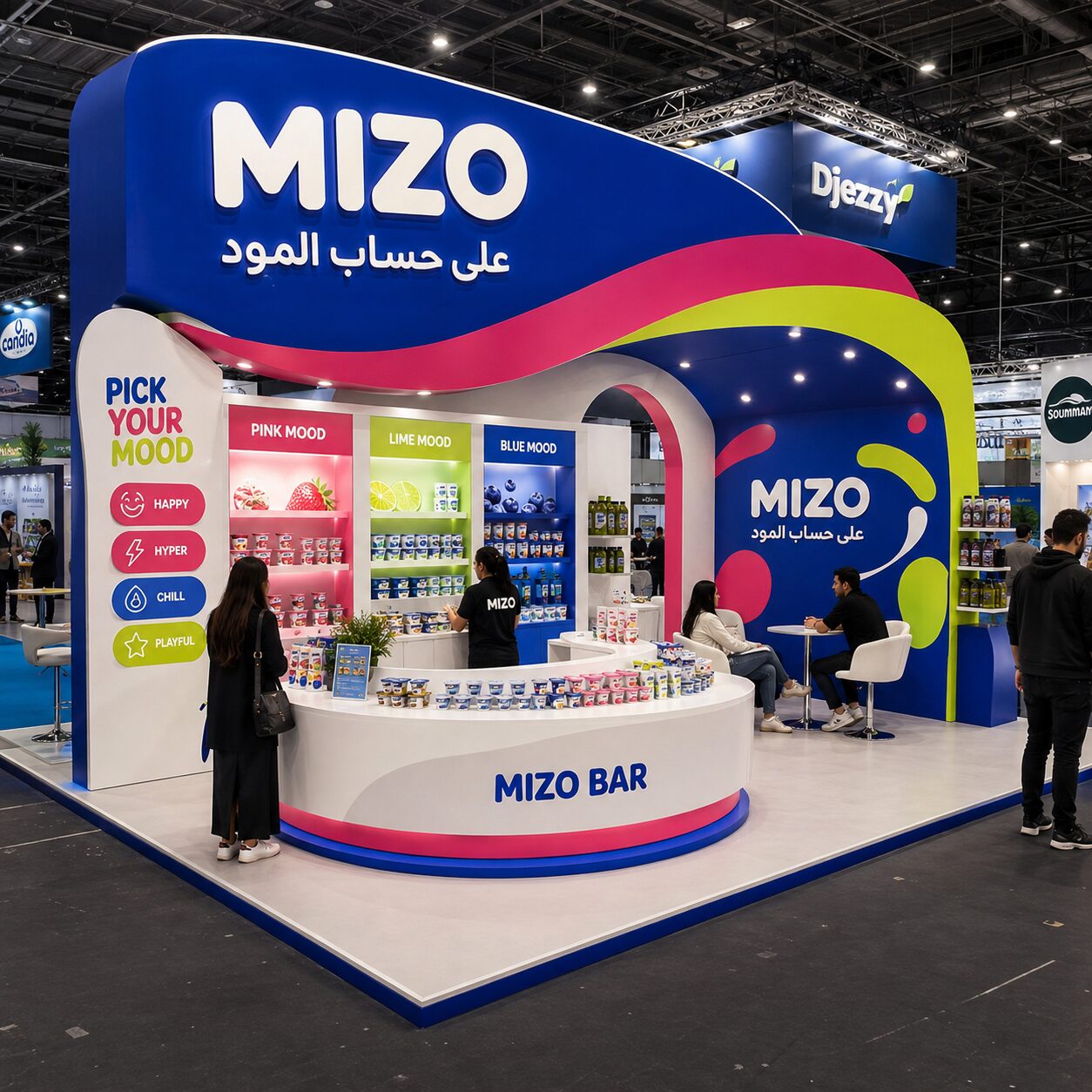 Stand d'exposition Mizo, espace dégustation coloré pour marque agroalimentaire — Brand Up Algérie