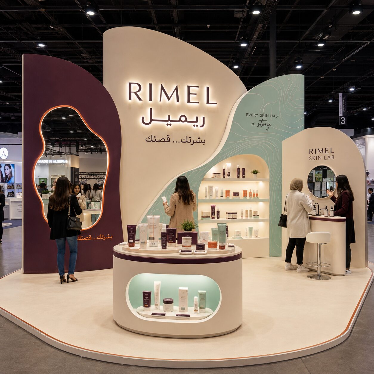 Stand sur-mesure Rimel à l'impact visuel fort, formes organiques et éclairage architectural