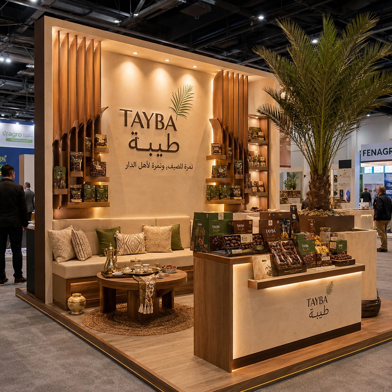 Stand d'exposition Tayba, salon traditionnel et présentoirs bois pour marque de dattes — Brand Up Algérie