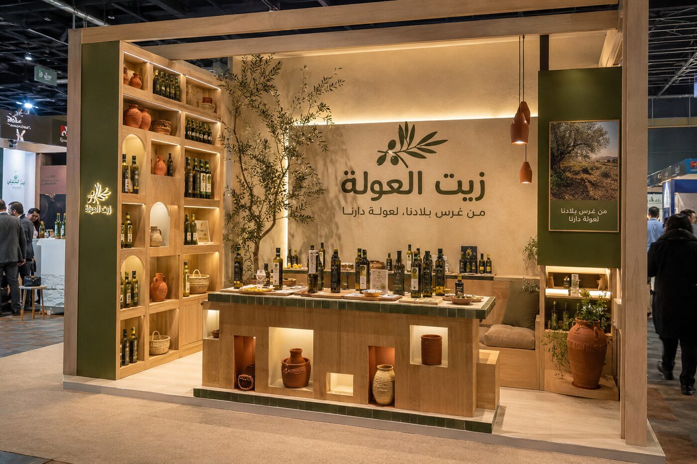 Stand clé en main Zeyt El Aoula, conception bois et présentation produit pour marque d'huile d'olive